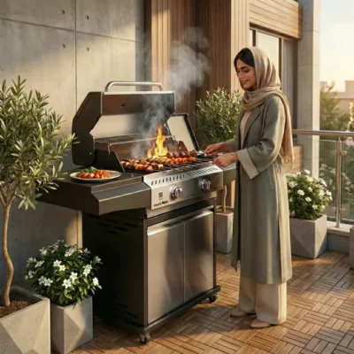 باربیکیو-گازی-افروزش-اکو103-درب-ذوزنقه-ای-استیل